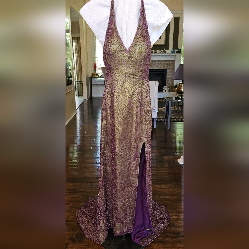 Je Matadi Gown Beaded Silk Fabric Shell Prom Formal Glam Purple Green Dress - Picture 17 of 17